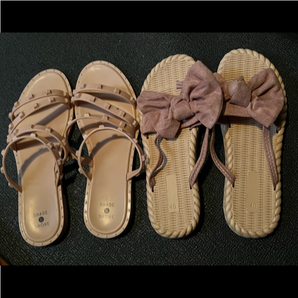 Shade & Shore Pink Nude Slide and Mauve Bow Woven Flip Sandal Set